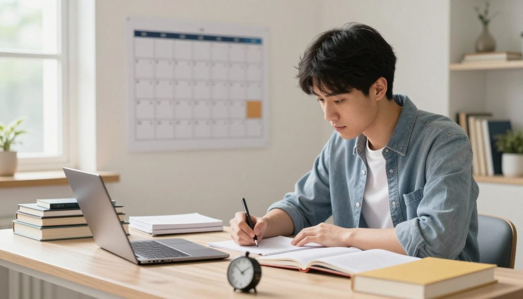 A serene study environment featuring a focused student sitting at a modern desk, surrounded by study materials including books and a laptop. The foreground captures the student, a young adult in smart casual attire, intently writing notes on a paper while a timer is visible nearby, symbolizing focused study blocks. In the middle ground, a structured wall calendar displaying planned study sessions and breaks can be seen. The background showcases a well-lit room with natural light streaming through a window, creating a warm and inviting atmosphere. The mood is calm and productive, highlighting the theme of effective time management and concentration. Utilize soft, natural lighting to enhance clarity and focus. A serene study environment featuring a focused student sitting at a modern desk, surrounded by study materials including books and a laptop. The foreground captures the student, a young adult in smart casual attire, intently writing notes on a paper while a timer is visible nearby, symbolizing focused study blocks. In the middle ground, a structured wall calendar displaying planned study sessions and breaks can be seen. The background showcases a well-lit room with natural light streaming through a window, creating a warm and inviting atmosphere. The mood is calm and productive, highlighting the theme of effective time management and concentration. Utilize soft, natural lighting to enhance clarity and focus.