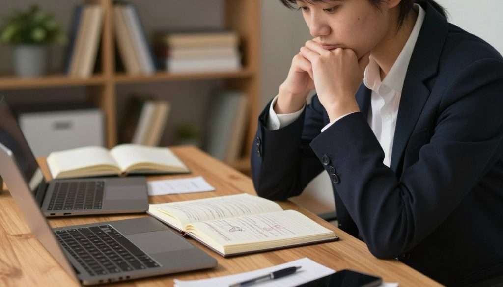 A serene study environment featuring a person in professional attire, sitting at a wooden desk cluttered with notebooks, pens, and a laptop, deep in thought. The foreground showcases their focused expression, with a gentle light source illuminating their face to highlight a pensive mood. In the middle ground, an open notebook reveals hand-written reflections and diagrams, symbolizing the process of cognitive self-reflection. The background includes soft shelves filled with books and plants, creating a calm and inspiring atmosphere. The ambient lighting casts a warm glow, enhancing the overall contemplative feel of the scene, while maintaining a clear depth of field to draw attention to the act of evaluation and reflection.