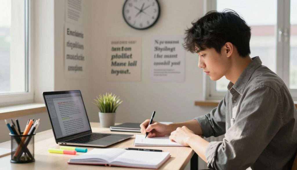 A serene study environment, featuring a well-organized desk filled with open notebooks, highlighters, and a laptop displaying digital flashcards. In the foreground, a focused student in professional casual attire sits attentively, jotting down notes with a pen. The middle-ground shows a wall filled with motivational quotes and a clock ticking softly, emphasizing time management. In the background, a window reveals soft, natural light pouring in, creating a warm atmosphere. Sunlight casts gentle shadows, giving a sense of calm and concentration. The student’s facial expression reflects determination and engagement, symbolizing the discipline needed to develop lasting study skills. The overall mood conveys focus and tranquility, encouraging productive study habits. A serene study environment, featuring a well-organized desk filled with open notebooks, highlighters, and a laptop displaying digital flashcards. In the foreground, a focused student in professional casual attire sits attentively, jotting down notes with a pen. The middle-ground shows a wall filled with motivational quotes and a clock ticking softly, emphasizing time management. In the background, a window reveals soft, natural light pouring in, creating a warm atmosphere. Sunlight casts gentle shadows, giving a sense of calm and concentration. The student’s facial expression reflects determination and engagement, symbolizing the discipline needed to develop lasting study skills. The overall mood conveys focus and tranquility, encouraging productive study habits.