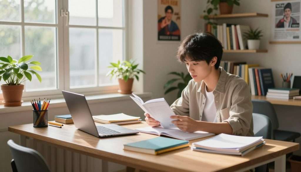 A serene study environment featuring a well-organized desk laden with colorful study materials, including notebooks, a laptop, and stationery. In the foreground, a focused student dressed in modest, casual clothing sits at the desk, surrounded by plants for a touch of nature. The middle ground includes a large window allowing warm, natural light to flood the space, illuminating the student’s engaged expression as they read. In the background, shelves filled with books and motivational posters create a supportive atmosphere, promoting effective study habits. The overall mood is calm yet productive, reflecting a space designed to manage academic stress and encourage efficient learning. The scene captures a sense of balance, with soft lighting and a cozy arrangement that invokes tranquility. A serene study environment featuring a well-organized desk laden with colorful study materials, including notebooks, a laptop, and stationery. In the foreground, a focused student dressed in modest, casual clothing sits at the desk, surrounded by plants for a touch of nature. The middle ground includes a large window allowing warm, natural light to flood the space, illuminating the student’s engaged expression as they read. In the background, shelves filled with books and motivational posters create a supportive atmosphere, promoting effective study habits. The overall mood is calm yet productive, reflecting a space designed to manage academic stress and encourage efficient learning. The scene captures a sense of balance, with soft lighting and a cozy arrangement that invokes tranquility.