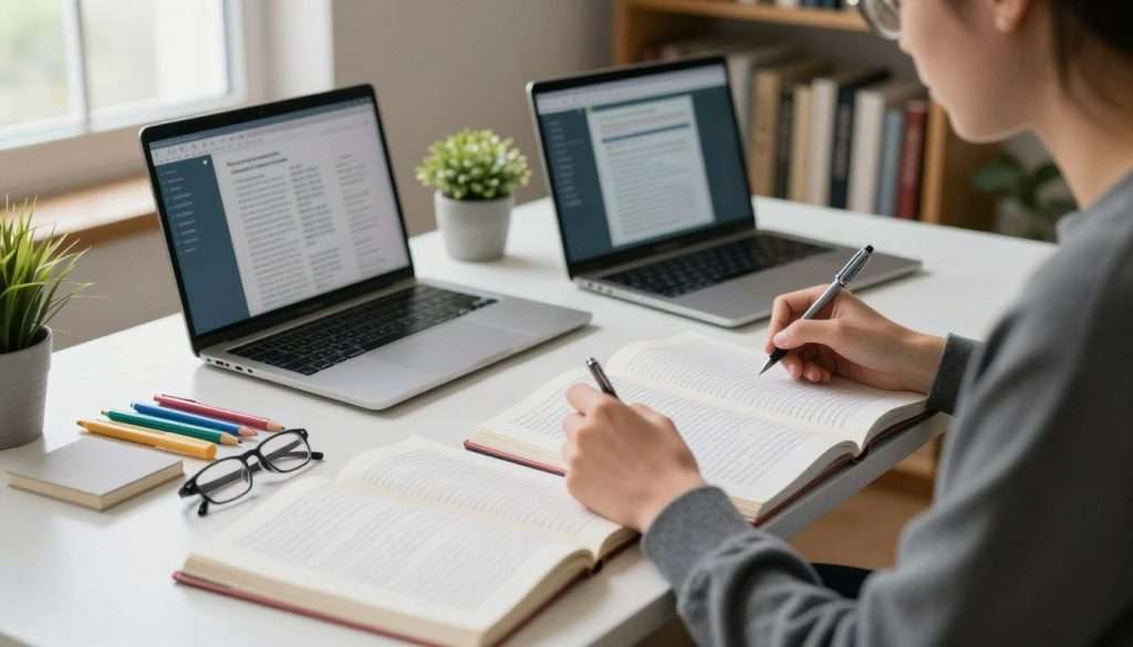 A serene study environment featuring a well-organized desk with multiple open notebooks and textbooks, conveying the concept of effective study habits. In the foreground, a focused student in smart casual attire switches between subjects, jotting down notes with a pen in one hand and flipping through a textbook with the other. The middle ground displays neatly aligned stationery, a laptop with various screens showing different subjects, and a small plant for a touch of greenery. The background is a cozy room filled with bookshelves and soft, natural light filtering through a window, creating a warm and inviting atmosphere. Capture this scene from a slightly angled perspective to emphasize the task-switching action, promoting a feeling of calm and concentration. A serene study environment featuring a well-organized desk with multiple open notebooks and textbooks, conveying the concept of effective study habits. In the foreground, a focused student in smart casual attire switches between subjects, jotting down notes with a pen in one hand and flipping through a textbook with the other. The middle ground displays neatly aligned stationery, a laptop with various screens showing different subjects, and a small plant for a touch of greenery. The background is a cozy room filled with bookshelves and soft, natural light filtering through a window, creating a warm and inviting atmosphere. Capture this scene from a slightly angled perspective to emphasize the task-switching action, promoting a feeling of calm and concentration.