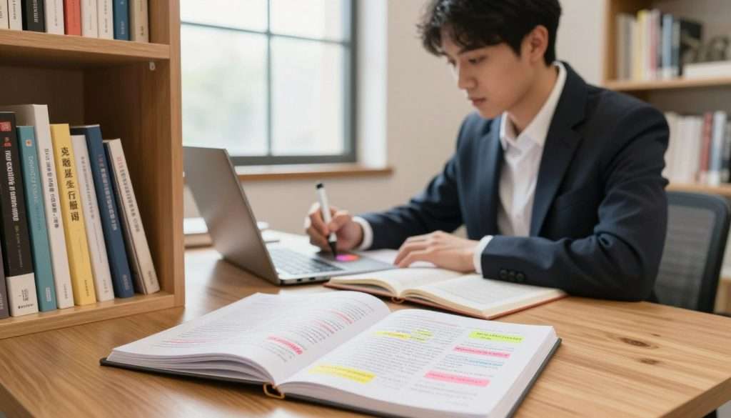 A serene study environment featuring a well-organized workspace. In the foreground, a wooden desk holds an open notebook filled with neatly written study notes and colorful index cards symbolizing retrieval practice strategies. To the side, a tall bookshelf filled with books on study skills and memory techniques. In the middle ground, a focused student wearing professional business attire is engaged in their studies, using a highlighter to mark important points. The background reveals a warm, softly lit room with a large window allowing natural light to flood in, creating an inviting atmosphere. The overall mood is productive and inspiring, emphasizing the importance of effective study strategies.