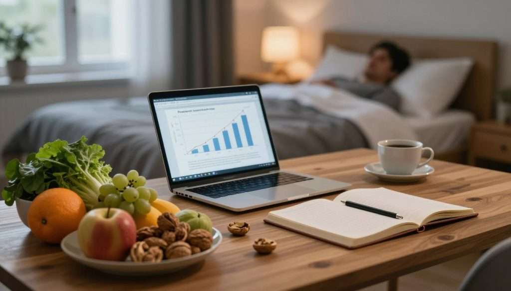 A serene study environment featuring a wooden desk adorned with a healthy assortment of nutritious foods like fruits, nuts, and leafy greens in the foreground. In the middle ground, an open notebook and a laptop display graphs representing cognitive performance, illuminated by soft, warm light from a nearby window. The background reveals a calming scene of a peaceful bedroom with a neatly made bed, suggesting the importance of quality sleep, with dim, ambient lighting that enhances the tranquility of the setting. The mood exudes focus and well-being, encouraging a sense of balance between nutrition and rest for learning efficiency. The image captures clarity and professionalism, with a lens angle that invites the viewer into this ideal workspace. A serene study environment featuring a wooden desk adorned with a healthy assortment of nutritious foods like fruits, nuts, and leafy greens in the foreground. In the middle ground, an open notebook and a laptop display graphs representing cognitive performance, illuminated by soft, warm light from a nearby window. The background reveals a calming scene of a peaceful bedroom with a neatly made bed, suggesting the importance of quality sleep, with dim, ambient lighting that enhances the tranquility of the setting. The mood exudes focus and well-being, encouraging a sense of balance between nutrition and rest for learning efficiency. The image captures clarity and professionalism, with a lens angle that invites the viewer into this ideal workspace.