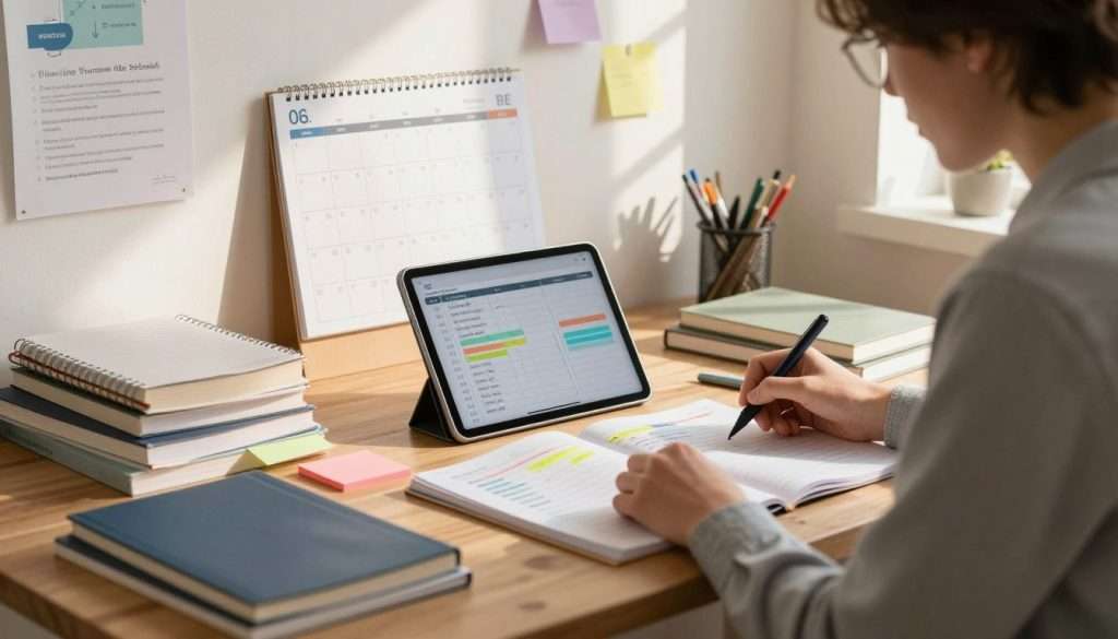 A serene study environment featuring a wooden desk cluttered with organized study materials: notebooks, textbooks, colorful sticky notes, and a digital tablet displaying a personalized study plan. In the foreground, a student in business casual attire thoughtfully reviews their study schedule, highlighted with colorful markers. The middle ground shows a calendar filled with deadlines and goals, while an inspirational poster about effective study methods decorates the wall. The background features a window letting in soft, warm sunlight, casting gentle shadows and creating a cozy atmosphere. The composition emphasizes focus and organization, conveying an approachable yet motivating learning space, ideal for adapting study plans for different classes. Use soft lighting to enhance a productive mood and depth of field to draw attention to the student and their study materials. A serene study environment featuring a wooden desk cluttered with organized study materials: notebooks, textbooks, colorful sticky notes, and a digital tablet displaying a personalized study plan. In the foreground, a student in business casual attire thoughtfully reviews their study schedule, highlighted with colorful markers. The middle ground shows a calendar filled with deadlines and goals, while an inspirational poster about effective study methods decorates the wall. The background features a window letting in soft, warm sunlight, casting gentle shadows and creating a cozy atmosphere. The composition emphasizes focus and organization, conveying an approachable yet motivating learning space, ideal for adapting study plans for different classes. Use soft lighting to enhance a productive mood and depth of field to draw attention to the student and their study materials.