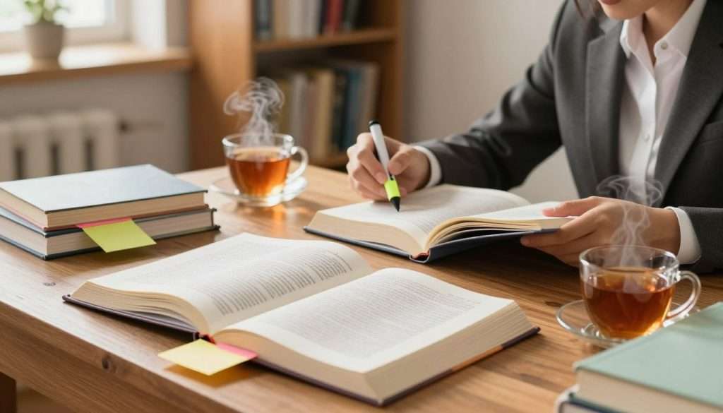 A serene study environment featuring a wooden desk stacked with open textbooks and colorful sticky notes, symbolizing improved reading comprehension. In the foreground, a focused individual in professional attire is intently reading, with a highlighter in hand, surrounded by steaming cups of tea. The middle ground shows a soft-focus bookshelf filled with various academic texts, hinting at a wealth of knowledge. The background is gently illuminated by warm, natural light streaming through a window, creating a welcoming atmosphere. The composition captures a sense of concentration and motivation, showcasing the individual's commitment to mastering reading strategies. The angle is slightly overhead, providing an inviting view of the study space while emphasizing the importance of pacing in reading comprehension.