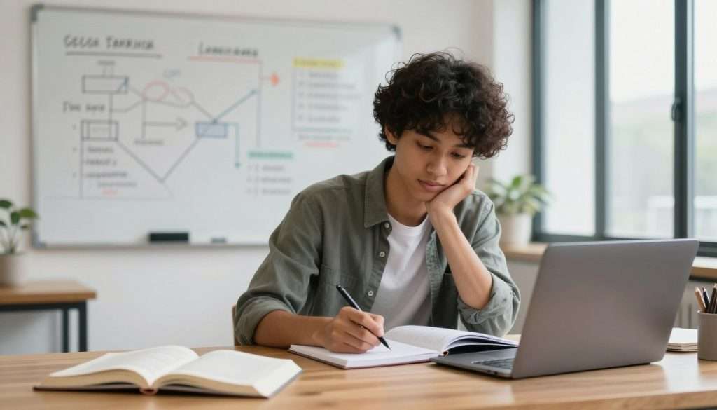 A serene study environment focused on self-regulated learning, featuring an individual of diverse descent, wearing smart casual attire, seated at a wooden desk surrounded by open books, notebooks, and a laptop. In the foreground, the student is writing notes with a thoughtful expression, symbolizing the act of monitoring understanding. The middle ground showcases a whiteboard filled with diagrams and learning strategies, indicating active engagement with the material. In the background, a large window allows soft, natural light to illuminate the space, creating a calm atmosphere conducive to focused study. The overall mood is reflective and inspiring, emphasizing the importance of self-awareness in the learning process. A shallow depth of field adds a professional touch, drawing attention to the student and their workspace. A serene study environment focused on self-regulated learning, featuring an individual of diverse descent, wearing smart casual attire, seated at a wooden desk surrounded by open books, notebooks, and a laptop. In the foreground, the student is writing notes with a thoughtful expression, symbolizing the act of monitoring understanding. The middle ground showcases a whiteboard filled with diagrams and learning strategies, indicating active engagement with the material. In the background, a large window allows soft, natural light to illuminate the space, creating a calm atmosphere conducive to focused study. The overall mood is reflective and inspiring, emphasizing the importance of self-awareness in the learning process. A shallow depth of field adds a professional touch, drawing attention to the student and their workspace.