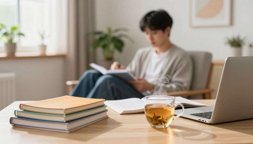 A serene study environment focusing on stress-free learning techniques. In the foreground, a well-organized desk with a soft, warm light illuminating a neat stack of colorful notebooks, a laptop, and a steaming cup of herbal tea. In the middle, a student dressed in comfortable casual clothing, intently engaging with study materials while sitting in a cozy chair. The background features a tranquil room with plants, gentle natural light streaming through a window, and calming artwork on the walls, creating a peaceful atmosphere. The overall mood is relaxed and focused, emphasizing a harmonious balance between study and calmness, with a soft blur effect to convey tranquility. A serene study environment focusing on stress-free learning techniques. In the foreground, a well-organized desk with a soft, warm light illuminating a neat stack of colorful notebooks, a laptop, and a steaming cup of herbal tea. In the middle, a student dressed in comfortable casual clothing, intently engaging with study materials while sitting in a cozy chair. The background features a tranquil room with plants, gentle natural light streaming through a window, and calming artwork on the walls, creating a peaceful atmosphere. The overall mood is relaxed and focused, emphasizing a harmonious balance between study and calmness, with a soft blur effect to convey tranquility.