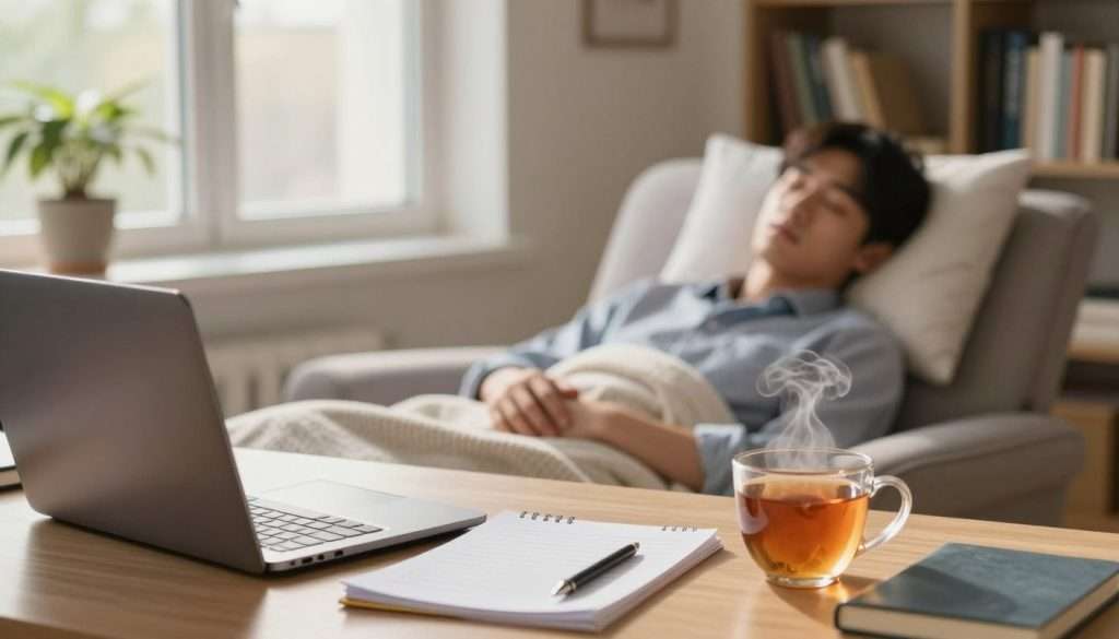 A serene study environment focusing on the connection between sleep quality and academic success. In the foreground, a desk with neatly organized study materials, a closed laptop, and a steaming mug of herbal tea, symbolizing comfort. In the middle, a cozy armchair with a soft blanket draped over it, inviting relaxation—perhaps a sleeping student depicted in professional casual attire, exuding tranquility. The background features a window with soft, warm morning light streaming in, illuminating a potted plant and bookshelves filled with textbooks. The overall mood is calm and inspiring, emphasizing a balance between rest and study, showcasing the importance of improving sleep for better academic performance. A serene study environment focusing on the connection between sleep quality and academic success. In the foreground, a desk with neatly organized study materials, a closed laptop, and a steaming mug of herbal tea, symbolizing comfort. In the middle, a cozy armchair with a soft blanket draped over it, inviting relaxation—perhaps a sleeping student depicted in professional casual attire, exuding tranquility. The background features a window with soft, warm morning light streaming in, illuminating a potted plant and bookshelves filled with textbooks. The overall mood is calm and inspiring, emphasizing a balance between rest and study, showcasing the importance of improving sleep for better academic performance.