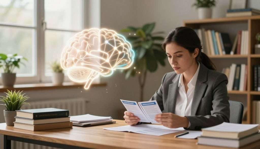 A serene study environment illustrating the concept of strengthening long-term memory. In the foreground, a professional woman in business attire sits at a wooden desk, surrounded by books and notes, deeply focused on reviewing flashcards. Her expression reflects determination. The middle layer features a luminous brain graphic, with symbolic connections formed by light lines, representing neural pathways strengthening through retrieval and spaced repetition. In the background, soft, warm light streams through a large window, illuminating the room filled with leafy plants and shelves of educational books. The atmosphere is calm and inspiring, suggesting a productive learning experience. The image is captured at a slight angle, showcasing both the subject’s concentration and the inviting study space. A serene study environment illustrating the concept of strengthening long-term memory. In the foreground, a professional woman in business attire sits at a wooden desk, surrounded by books and notes, deeply focused on reviewing flashcards. Her expression reflects determination. The middle layer features a luminous brain graphic, with symbolic connections formed by light lines, representing neural pathways strengthening through retrieval and spaced repetition. In the background, soft, warm light streams through a large window, illuminating the room filled with leafy plants and shelves of educational books. The atmosphere is calm and inspiring, suggesting a productive learning experience. The image is captured at a slight angle, showcasing both the subject’s concentration and the inviting study space.
