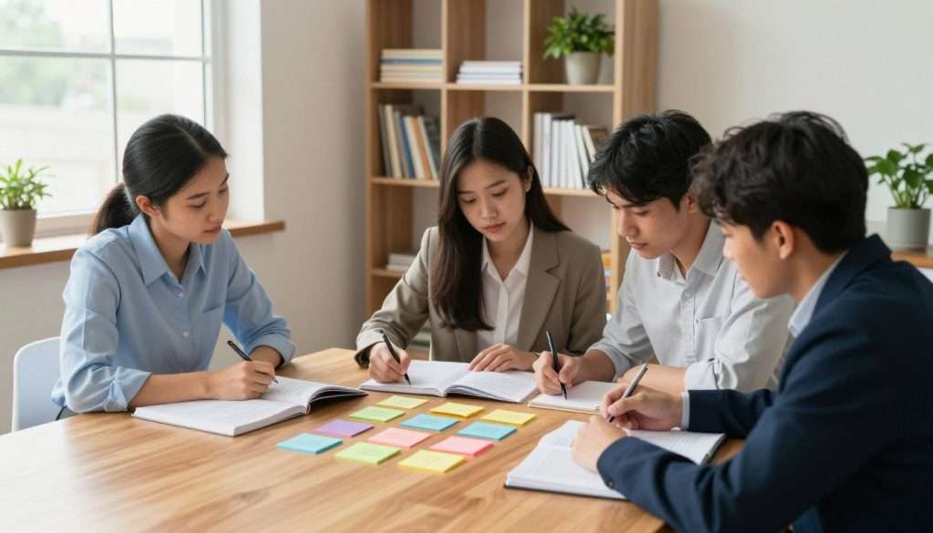 A serene study environment in a modern room, with a bright, airy atmosphere. In the foreground, a diverse group of three students, dressed in professional attire, are gathered around a large wooden table, intently discussing and breaking down complex study materials into smaller, manageable steps. The middle focus features colorful sticky notes and open notebooks scattered across the table, showcasing organized study strategies. The background reveals a well-organized bookshelf filled with educational resources, plants for a touch of greenery, and a large window allowing soft, natural light to flood the room. The overall mood is calm and focused, encouraging productivity and collaboration, with a warm color palette enhancing the inviting atmosphere. A serene study environment in a modern room, with a bright, airy atmosphere. In the foreground, a diverse group of three students, dressed in professional attire, are gathered around a large wooden table, intently discussing and breaking down complex study materials into smaller, manageable steps. The middle focus features colorful sticky notes and open notebooks scattered across the table, showcasing organized study strategies. The background reveals a well-organized bookshelf filled with educational resources, plants for a touch of greenery, and a large window allowing soft, natural light to flood the room. The overall mood is calm and focused, encouraging productivity and collaboration, with a warm color palette enhancing the inviting atmosphere.