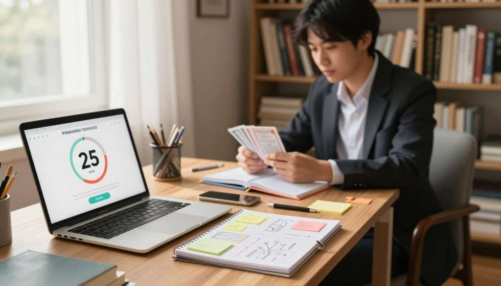 A serene study environment showcasing a desk adorned with various study techniques inspired by the Pomodoro Method. In the foreground, a modern laptop displays a timer set to 25 minutes, next to a neatly arranged notepad filled with colorful sticky notes and diagrams. In the middle ground, a focused student in professional attire reviews flashcards, surrounded by a cozy ambiance created by warm, natural lighting. The background features a bookshelf filled with academic texts and a tranquil window with sunlight filtering through sheer curtains. The mood is productive yet calm, suggesting an inviting atmosphere conducive to effective study sessions. The scene captures the essence of organized study strategies integrated with the Pomodoro Technique for maximum efficiency without burnout. A serene study environment showcasing a desk adorned with various study techniques inspired by the Pomodoro Method. In the foreground, a modern laptop displays a timer set to 25 minutes, next to a neatly arranged notepad filled with colorful sticky notes and diagrams. In the middle ground, a focused student in professional attire reviews flashcards, surrounded by a cozy ambiance created by warm, natural lighting. The background features a bookshelf filled with academic texts and a tranquil window with sunlight filtering through sheer curtains. The mood is productive yet calm, suggesting an inviting atmosphere conducive to effective study sessions. The scene captures the essence of organized study strategies integrated with the Pomodoro Technique for maximum efficiency without burnout.
