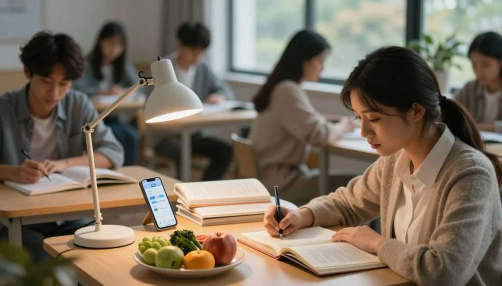 A serene study environment, showcasing a diverse group of students surrounded by elements that highlight the impact of sleep and nutrition on academic performance. In the foreground, a focused student clad in cozy yet professional attire studies with an open notebook and a healthy plate of fruits and vegetables nearby. The middle layer features a cozy desk lamp casting warm light over textbooks full of notes, alongside a sleep tracker app displayed on a smartphone. In the background, a large window reveals a peaceful outdoor scene indicating morning light, symbolizing a fresh start after a good night's sleep. The overall atmosphere reflects calmness and focus, with soft shadows creating a gentle, inviting mood that emphasizes balance between rest and healthy eating for better grades, captured with a shallow depth of field to draw attention to the student. A serene study environment, showcasing a diverse group of students surrounded by elements that highlight the impact of sleep and nutrition on academic performance. In the foreground, a focused student clad in cozy yet professional attire studies with an open notebook and a healthy plate of fruits and vegetables nearby. The middle layer features a cozy desk lamp casting warm light over textbooks full of notes, alongside a sleep tracker app displayed on a smartphone. In the background, a large window reveals a peaceful outdoor scene indicating morning light, symbolizing a fresh start after a good night's sleep. The overall atmosphere reflects calmness and focus, with soft shadows creating a gentle, inviting mood that emphasizes balance between rest and healthy eating for better grades, captured with a shallow depth of field to draw attention to the student.