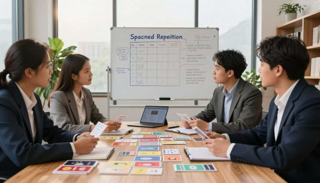 A serene study environment showcasing a large wooden desk cluttered with colorful flashcards and a digital planner, symbolizing the concept of spaced repetition for memory retention. In the foreground, a diverse group of four professionals, dressed in smart business attire, are engaged in focused discussions, each holding a flashcard. The middle ground features a large whiteboard filled with diagrams illustrating memory techniques, such as a spaced repetition schedule and mnemonic devices. In the background, floor-to-ceiling windows let in warm, natural light, creating a soft atmosphere that enhances concentration. The room is styled with green plants and bookshelves, promoting a sense of tranquility and productivity. The mood conveys empowerment and collaboration in learning, perfect for illustrating effective memory strategies.