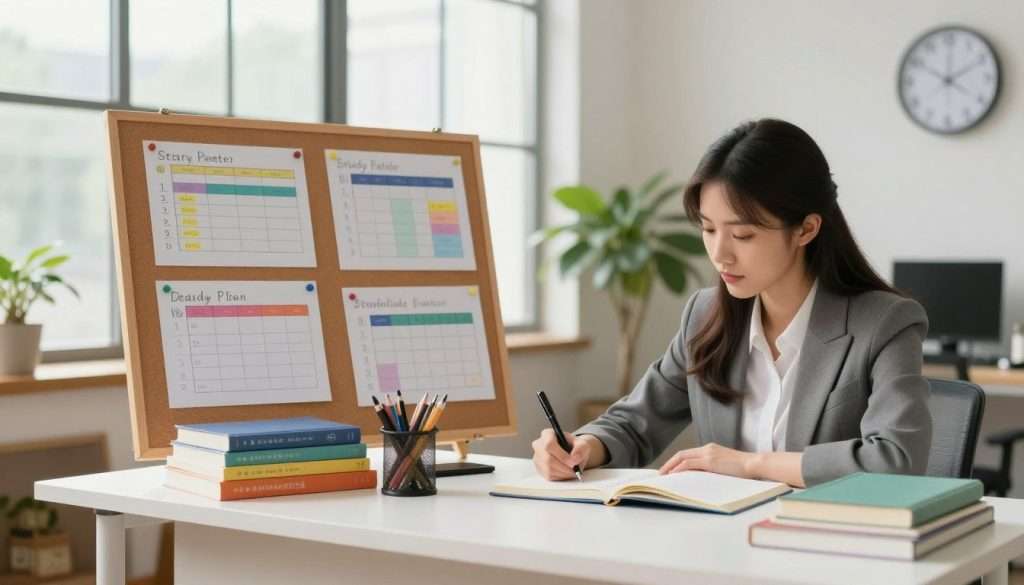 A serene study environment showcasing an open workspace. In the foreground, a young woman in professional attire is sitting at a modern desk, surrounded by colorful textbooks and notebooks, actively writing notes. In the middle, a corkboard displays various color-coded study plans and schedules, symbolizing interleaved practice. In the background, large windows allow soft, natural light to flood the room, creating a warm and inviting atmosphere. A houseplant adds a touch of greenery, while a clock on the wall indicates time management. The overall mood is productive and focused, illustrating the concept of mixing subjects for deeper understanding in an engaging way. A serene study environment showcasing an open workspace. In the foreground, a young woman in professional attire is sitting at a modern desk, surrounded by colorful textbooks and notebooks, actively writing notes. In the middle, a corkboard displays various color-coded study plans and schedules, symbolizing interleaved practice. In the background, large windows allow soft, natural light to flood the room, creating a warm and inviting atmosphere. A houseplant adds a touch of greenery, while a clock on the wall indicates time management. The overall mood is productive and focused, illustrating the concept of mixing subjects for deeper understanding in an engaging way.