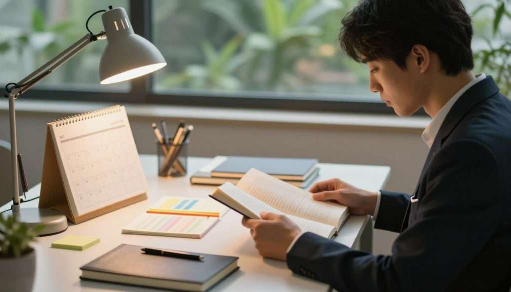 A serene study environment showcasing concentration strategies for mindfulness. In the foreground, a focused student sits at a tidy desk, dressed in professional attire, engrossed in reading a book. The middle ground features an array of organizational tools: a calendar, color-coded notes, and a mindfulness journal. Soft, warm lighting creates a calming atmosphere, accentuated by a gentle glow from a desk lamp, casting slight shadows. The background displays a window with lush greenery outside, symbolizing clarity and peace. The overall mood is tranquil and focused, emphasizing a productive study session infused with mindfulness techniques. Capture this scene with a slight depth of field to bring attention to the student while softly blurring the background for a intimate yet professional touch. A serene study environment showcasing concentration strategies for mindfulness. In the foreground, a focused student sits at a tidy desk, dressed in professional attire, engrossed in reading a book. The middle ground features an array of organizational tools: a calendar, color-coded notes, and a mindfulness journal. Soft, warm lighting creates a calming atmosphere, accentuated by a gentle glow from a desk lamp, casting slight shadows. The background displays a window with lush greenery outside, symbolizing clarity and peace. The overall mood is tranquil and focused, emphasizing a productive study session infused with mindfulness techniques. Capture this scene with a slight depth of field to bring attention to the student while softly blurring the background for a intimate yet professional touch.