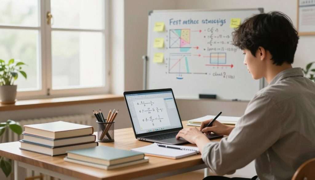 A serene study environment showcasing effective math study strategies. In the foreground, a focused student in professional casual attire sits at a clutter-free desk with neatly arranged books, notebooks, and a laptop open to a math visualization tool. In the middle, a whiteboard displays colorful diagrams, formulas, and post-it notes outlining study goals. The background features a large window with soft, natural light pouring in, illuminating the space and creating an inviting atmosphere. Potted plants add a touch of greenery, enhancing concentration. Use a warm color palette to convey productivity and focus, shot from a slightly elevated angle to capture the organized workspace. No distractions or clutter are present, emphasizing a productive routine and deep focus. A serene study environment showcasing effective math study strategies. In the foreground, a focused student in professional casual attire sits at a clutter-free desk with neatly arranged books, notebooks, and a laptop open to a math visualization tool. In the middle, a whiteboard displays colorful diagrams, formulas, and post-it notes outlining study goals. The background features a large window with soft, natural light pouring in, illuminating the space and creating an inviting atmosphere. Potted plants add a touch of greenery, enhancing concentration. Use a warm color palette to convey productivity and focus, shot from a slightly elevated angle to capture the organized workspace. No distractions or clutter are present, emphasizing a productive routine and deep focus.