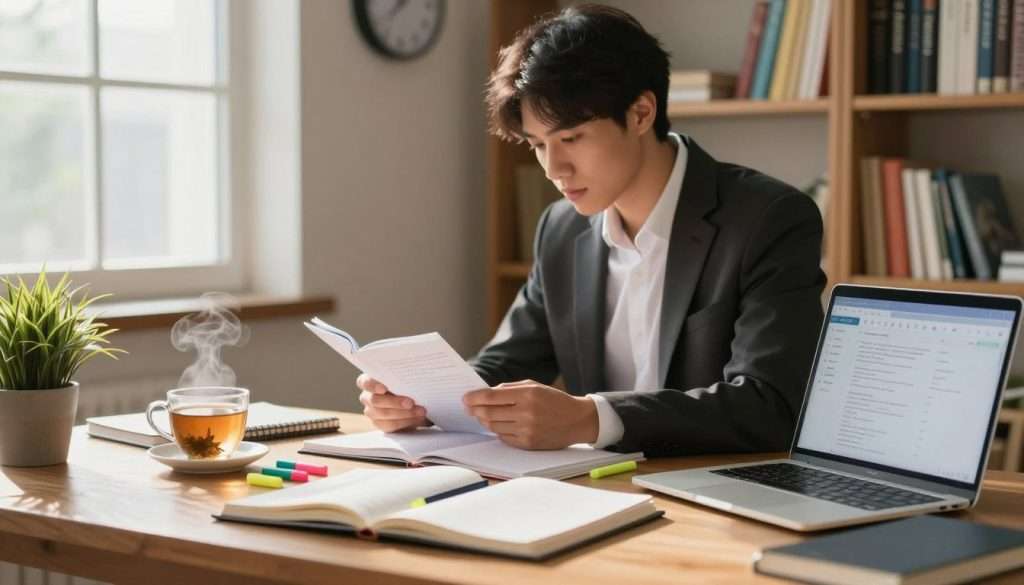 A serene study environment showcasing focus improvement methods. In the foreground, a wooden desk with organized study materials, including notebooks, highlighters, and a laptop displaying a productivity app. A steaming cup of herbal tea rests beside a potted plant, symbolizing a calm atmosphere. In the middle ground, a person in professional business attire leans slightly forward, deeply engaged in reading, signifying concentration. Soft light from a nearby window gently illuminates their focused expression, casting soft shadows. In the background, bookshelves filled with colorful books and a wall clock indicate time management. The overall mood is one of tranquility and determination, evoking a sense of overcoming procrastination and mental fatigue while studying. A serene study environment showcasing focus improvement methods. In the foreground, a wooden desk with organized study materials, including notebooks, highlighters, and a laptop displaying a productivity app. A steaming cup of herbal tea rests beside a potted plant, symbolizing a calm atmosphere. In the middle ground, a person in professional business attire leans slightly forward, deeply engaged in reading, signifying concentration. Soft light from a nearby window gently illuminates their focused expression, casting soft shadows. In the background, bookshelves filled with colorful books and a wall clock indicate time management. The overall mood is one of tranquility and determination, evoking a sense of overcoming procrastination and mental fatigue while studying.