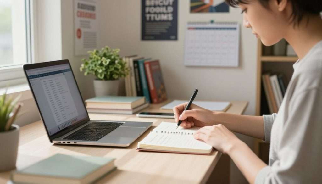 A serene study environment showcasing focus techniques for students. In the foreground, a well-organized desk with a laptop open and a notebook filled with neatly written notes. A student, dressed in modest casual clothing, is intently writing in a planner, embodying concentration and determination. In the middle ground, a wall filled with motivational posters and a calendar highlighting study schedules adds a dynamic element. To the background, soft-focused shelves lined with books create a warm ambiance, while a potted plant infuses a sense of freshness. Soft, natural lighting streams through a nearby window, casting gentle shadows, enhancing the tranquil yet focused atmosphere, captured from a slightly elevated angle to encompass the entire scene.