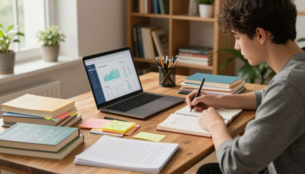 A serene study environment showcasing interleaved learning techniques. In the foreground, a wooden desk is cluttered with colorful notes and textbooks, featuring diverse subjects like math, science, and languages. A focused student in smart casual attire, with a determined expression, is actively writing in a notebook. In the middle ground, an open laptop displays a study app with graphs indicating progress and time management tools. The background features a well-lit bookshelf filled with various academic books and plants, suggesting a natural and inspiring atmosphere. Soft, warm light filters through a window, casting gentle shadows. The overall mood is motivating and organized, inviting viewers to envision an effective study routine. A serene study environment showcasing interleaved learning techniques. In the foreground, a wooden desk is cluttered with colorful notes and textbooks, featuring diverse subjects like math, science, and languages. A focused student in smart casual attire, with a determined expression, is actively writing in a notebook. In the middle ground, an open laptop displays a study app with graphs indicating progress and time management tools. The background features a well-lit bookshelf filled with various academic books and plants, suggesting a natural and inspiring atmosphere. Soft, warm light filters through a window, casting gentle shadows. The overall mood is motivating and organized, inviting viewers to envision an effective study routine.