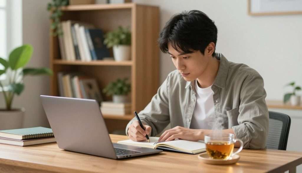 A serene study environment showcasing solid concentration tips. In the foreground, a well-organized wooden desk clutter-free except for a laptop, a notepad, and a steaming cup of herbal tea, symbolizing focus and relaxation. The middle ground includes a calm individual in modest casual clothing, deeply engaged in studying, with a focused expression and natural lighting illuminating their face. Behind them, a bookshelf filled with neatly arranged books and soft greenery adds depth without distraction. The atmosphere conveys tranquility and productivity, with warm, diffused lighting emphasizing the peaceful mood, inviting viewers to adopt better daily habits for enhanced energy and focus.