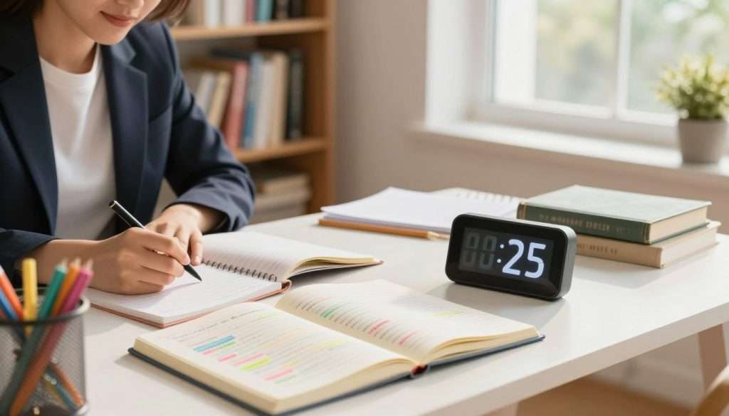 A serene study environment showcasing the Pomodoro Technique in action. In the foreground, a neatly organized desk with colorful stationery, a digital timer counting down from 25 minutes, and an open notebook filled with notes and colorful highlights. To the left, a person in professional business attire, focused and writing, with a calm expression, embodying concentration. The middle ground features a cozy bookshelf filled with textbooks and study materials, while a large window in the background lets in warm, natural light, illuminating the space. Soft shadows create a relaxed atmosphere, alluding to productivity and effective learning. The angle is slightly above eye level, providing a clear view of the desk and the person's engaged study process. A serene study environment showcasing the Pomodoro Technique in action. In the foreground, a neatly organized desk with colorful stationery, a digital timer counting down from 25 minutes, and an open notebook filled with notes and colorful highlights. To the left, a person in professional business attire, focused and writing, with a calm expression, embodying concentration. The middle ground features a cozy bookshelf filled with textbooks and study materials, while a large window in the background lets in warm, natural light, illuminating the space. Soft shadows create a relaxed atmosphere, alluding to productivity and effective learning. The angle is slightly above eye level, providing a clear view of the desk and the person's engaged study process.