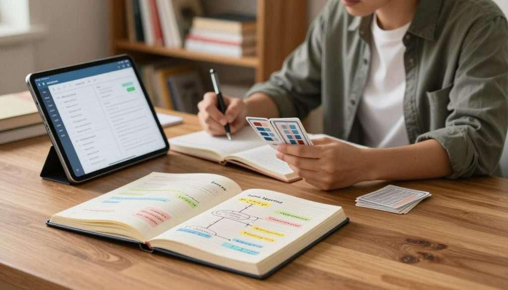 A serene study environment showcasing the concept of cognitive enhancement through spaced repetition. In the foreground, an open notebook lies on a polished wooden desk, filled with colorful notes and interconnected ideas. Next to it, a sleek digital tablet displays an intuitive spaced repetition app interface. In the middle ground, a focused individual in smart casual attire, absorbed in their study materials, uses effective study methods, like flashcards. The background features a modern bookshelf overflowing with various educational texts and resources. Soft, warm lighting bathes the scene, creating an inviting atmosphere that conveys concentration and clarity. The overall mood is one of inspiration and intellectual growth, emphasizing the benefits of applying spaced repetition across different subjects. A serene study environment showcasing the concept of cognitive enhancement through spaced repetition. In the foreground, an open notebook lies on a polished wooden desk, filled with colorful notes and interconnected ideas. Next to it, a sleek digital tablet displays an intuitive spaced repetition app interface. In the middle ground, a focused individual in smart casual attire, absorbed in their study materials, uses effective study methods, like flashcards. The background features a modern bookshelf overflowing with various educational texts and resources. Soft, warm lighting bathes the scene, creating an inviting atmosphere that conveys concentration and clarity. The overall mood is one of inspiration and intellectual growth, emphasizing the benefits of applying spaced repetition across different subjects.