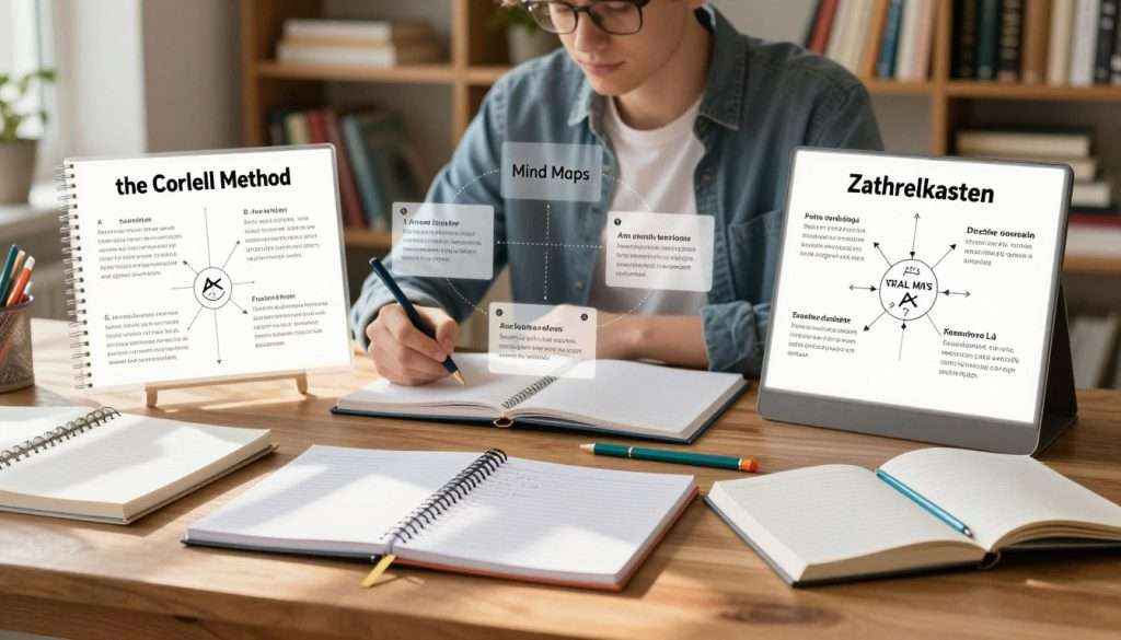 A serene study environment showcasing three distinct note-taking methods: the Cornell Method, Mind Maps, and Zettelkasten. In the foreground, a wooden table displays neatly organized notebooks and colorful stationery, each representing a different note-taking method. The middle of the image features a student, dressed in smart casual attire, thoughtfully comparing the methods, surrounded by floating visual elements illustrating key concepts of each style. Soft natural light streams through a nearby window, casting gentle shadows. In the background, bookshelves filled with various books create a cozy, intellectual atmosphere, enhancing the focus on evaluating personal learning styles. The overall mood is calm and focused, inviting viewers to reflect on their note-taking preferences.