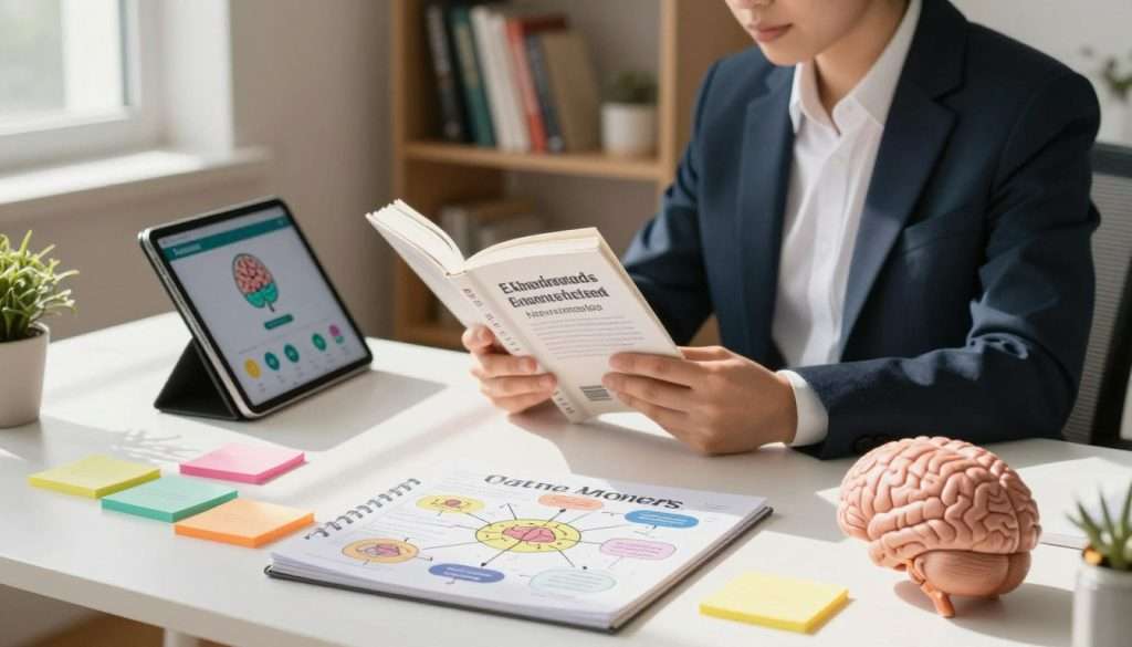 A serene study environment showcasing various memory enhancement methods. In the foreground, a well-organized desk is adorned with colorful sticky notes, a mind map on a notepad, and a brain-shaped model symbolizing cognitive research. The middle ground features a focused individual in business attire, deeply engaged in reading a memory improvement book while using a digital tablet displaying brain training apps. Soft, natural lighting filters through a nearby window, casting gentle shadows on the scene. In the background, a bookshelf filled with psychology and self-help titles creates an inspiring atmosphere. The overall mood is one of concentration and motivation, emphasizing the journey of improving memory skills and cognitive retention. A serene study environment showcasing various memory enhancement methods. In the foreground, a well-organized desk is adorned with colorful sticky notes, a mind map on a notepad, and a brain-shaped model symbolizing cognitive research. The middle ground features a focused individual in business attire, deeply engaged in reading a memory improvement book while using a digital tablet displaying brain training apps. Soft, natural lighting filters through a nearby window, casting gentle shadows on the scene. In the background, a bookshelf filled with psychology and self-help titles creates an inspiring atmosphere. The overall mood is one of concentration and motivation, emphasizing the journey of improving memory skills and cognitive retention.