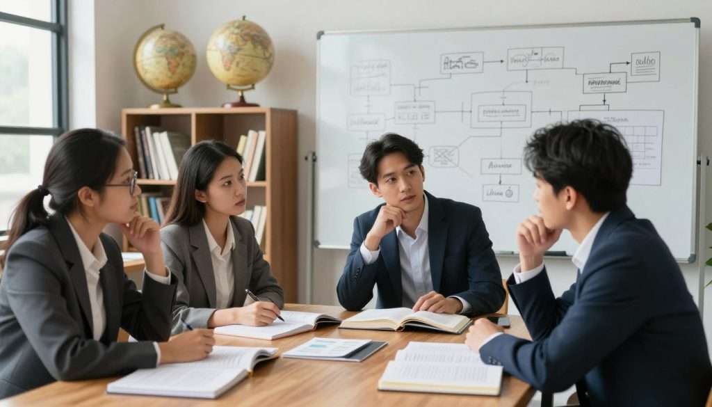 A serene study environment that embodies cognitive skills and sharp thinking. In the foreground, a diverse group of three individuals—two men and one woman—in professional business attire, engaged in thoughtful discussion around a wooden table strewn with open books, notepads, and scientific journals. The middle layer features a large whiteboard filled with diagrams and flowcharts illustrating complex concepts. In the background, a well-lit bookshelf filled with various texts and a vintage globe, indicating a global perspective on knowledge. Soft, natural light filters through a nearby window, creating an inviting and intellectually stimulating atmosphere. The composition reflects a sense of focus, collaboration, and eagerness to learn, promoting the mood of deepening cognitive skills. A serene study environment that embodies cognitive skills and sharp thinking. In the foreground, a diverse group of three individuals—two men and one woman—in professional business attire, engaged in thoughtful discussion around a wooden table strewn with open books, notepads, and scientific journals. The middle layer features a large whiteboard filled with diagrams and flowcharts illustrating complex concepts. In the background, a well-lit bookshelf filled with various texts and a vintage globe, indicating a global perspective on knowledge. Soft, natural light filters through a nearby window, creating an inviting and intellectually stimulating atmosphere. The composition reflects a sense of focus, collaboration, and eagerness to learn, promoting the mood of deepening cognitive skills.