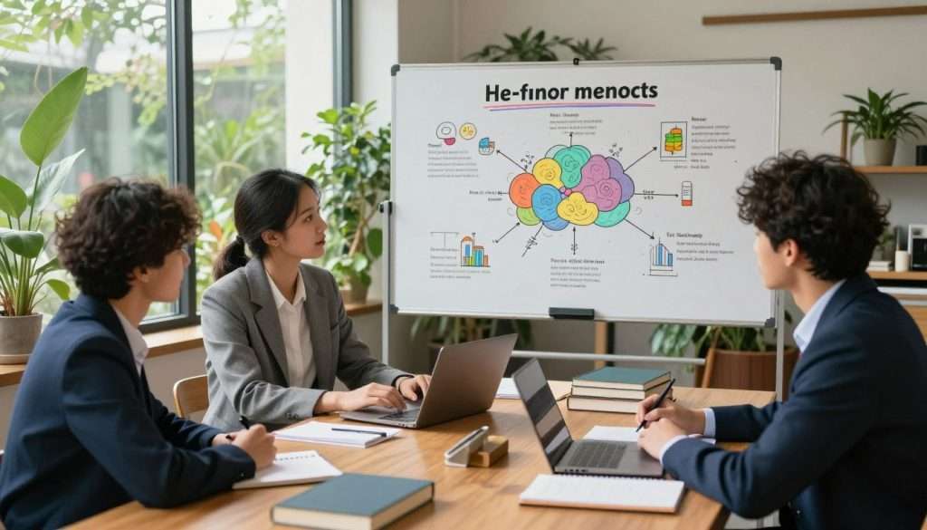 A serene study environment that embodies memory enhancement strategies for long-term retention. In the foreground, a diverse group of three individuals—two men and one woman—engaged in focused discussion, stood around a wooden table filled with books, notepads, and a laptop, all dressed professionally in business attire. In the middle, a large whiteboard displays colorful mind maps and memory techniques depicted visually with diagrams and illustrations. In the background, natural light streams through a large window, illuminating a calming indoor garden with plants, creating a relaxed and inspiring atmosphere. The perspective is slightly elevated, providing a dynamic angle, fostering a sense of collaboration and engagement. The overall mood is productive and intellectually stimulating, reflecting the essence of effective memory enhancement. A serene study environment that embodies memory enhancement strategies for long-term retention. In the foreground, a diverse group of three individuals—two men and one woman—engaged in focused discussion, stood around a wooden table filled with books, notepads, and a laptop, all dressed professionally in business attire. In the middle, a large whiteboard displays colorful mind maps and memory techniques depicted visually with diagrams and illustrations. In the background, natural light streams through a large window, illuminating a calming indoor garden with plants, creating a relaxed and inspiring atmosphere. The perspective is slightly elevated, providing a dynamic angle, fostering a sense of collaboration and engagement. The overall mood is productive and intellectually stimulating, reflecting the essence of effective memory enhancement.