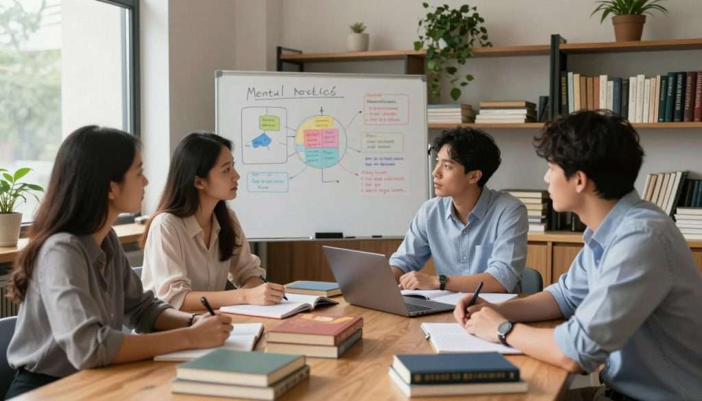 A serene study environment that encourages effective learning strategies. In the foreground, a diverse group of three professionals, one woman in a smart blouse and two men in business-casual shirts, engaged in a focused discussion around a large wooden table cluttered with books, notebooks, and a laptop. The middle scene features a whiteboard filled with colorful diagrams and notes about mental models and study techniques. In the background, shelves lined with books and plants create a warm, inviting atmosphere. Soft, natural light filters in through a large window, creating a calm and productive mood. The angle captures both the teamwork and the organized chaos of a dynamic study session. A serene study environment that encourages effective learning strategies. In the foreground, a diverse group of three professionals, one woman in a smart blouse and two men in business-casual shirts, engaged in a focused discussion around a large wooden table cluttered with books, notebooks, and a laptop. The middle scene features a whiteboard filled with colorful diagrams and notes about mental models and study techniques. In the background, shelves lined with books and plants create a warm, inviting atmosphere. Soft, natural light filters in through a large window, creating a calm and productive mood. The angle captures both the teamwork and the organized chaos of a dynamic study session.