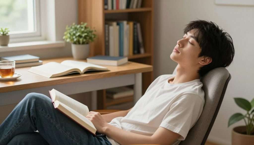 A serene study room bathed in soft, natural light filtering through a window, creating a calm atmosphere. In the foreground, a young adult wearing modest casual clothing is reclining in a comfortable chair, eyes gently closed, embodying the concept of a short power nap. Their expression is peaceful and relaxed, with a book resting open on their lap. In the middle ground, a desk cluttered with study materials, a cup of tea, and a small indoor plant adds warmth to the scene. The background features a bookshelf filled with colorful books, enhancing the studious environment. The overall mood is tranquil, encouraging rest and rejuvenation. The angle captures the subject at a slight diagonal to highlight the comfort of the setting. A serene study room bathed in soft, natural light filtering through a window, creating a calm atmosphere. In the foreground, a young adult wearing modest casual clothing is reclining in a comfortable chair, eyes gently closed, embodying the concept of a short power nap. Their expression is peaceful and relaxed, with a book resting open on their lap. In the middle ground, a desk cluttered with study materials, a cup of tea, and a small indoor plant adds warmth to the scene. The background features a bookshelf filled with colorful books, enhancing the studious environment. The overall mood is tranquil, encouraging rest and rejuvenation. The angle captures the subject at a slight diagonal to highlight the comfort of the setting.