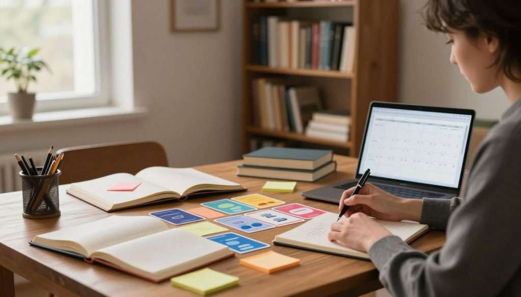A serene study room bathed in warm, soft lighting, showcasing an inviting wooden desk cluttered with open notebooks, colorful sticky notes, and a glowing laptop. In the foreground, a focused individual in professional attire is reviewing notes with a pen in hand, surrounded by a visual representation of the spaced repetition concept, illustrated by staggered flashcards and a digital calendar displaying regular review dates. In the middle ground, a tall bookshelf filled with organized books reflects a sense of knowledge and order, while a window in the background lets in gentle natural light, suggesting a calm atmosphere conducive to learning. The overall mood is one of concentration and inspiration, making it clear that this is a space dedicated to mastering memory retention techniques. A serene study room bathed in warm, soft lighting, showcasing an inviting wooden desk cluttered with open notebooks, colorful sticky notes, and a glowing laptop. In the foreground, a focused individual in professional attire is reviewing notes with a pen in hand, surrounded by a visual representation of the spaced repetition concept, illustrated by staggered flashcards and a digital calendar displaying regular review dates. In the middle ground, a tall bookshelf filled with organized books reflects a sense of knowledge and order, while a window in the background lets in gentle natural light, suggesting a calm atmosphere conducive to learning. The overall mood is one of concentration and inspiration, making it clear that this is a space dedicated to mastering memory retention techniques.