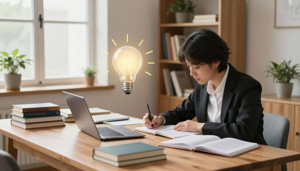 A serene study room filled with natural light, featuring a large wooden desk cluttered with books, notebooks, and a laptop. In the foreground, a focused individual dressed in professional attire, engaged in writing notes and reviewing material, captures the essence of learning. Surrounding them, floating visual metaphors like light bulbs for ideas and arrows signifying growth and progress, seamlessly integrated into the scene. In the background, a bookshelf filled with various academic texts and potted plants adds warmth to the atmosphere. The room has a soft, inviting color palette, highlighting the tranquil mood of dedicated study and exploration. The perspective is slightly angled to emphasize both the person and the inviting space, creating a feeling of immersion in the act of learning and retention. A serene study room filled with natural light, featuring a large wooden desk cluttered with books, notebooks, and a laptop. In the foreground, a focused individual dressed in professional attire, engaged in writing notes and reviewing material, captures the essence of learning. Surrounding them, floating visual metaphors like light bulbs for ideas and arrows signifying growth and progress, seamlessly integrated into the scene. In the background, a bookshelf filled with various academic texts and potted plants adds warmth to the atmosphere. The room has a soft, inviting color palette, highlighting the tranquil mood of dedicated study and exploration. The perspective is slightly angled to emphasize both the person and the inviting space, creating a feeling of immersion in the act of learning and retention.