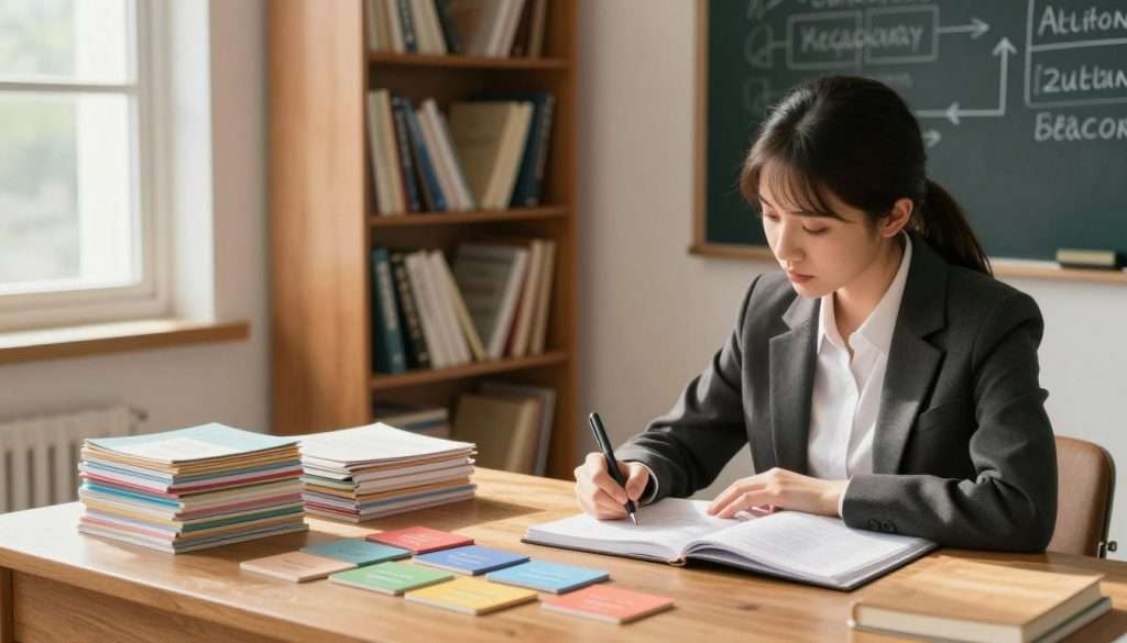 A serene study room with a warm, inviting atmosphere, featuring a wooden desk stacked with colorful flashcards and an open notebook. In the foreground, a focused young woman in professional attire is actively recalling information while jotting notes, her expression reflecting concentration and determination. In the middle, a wall-mounted bookshelf is filled with various memory-related books and scientific journals. Soft, natural light filters through a nearby window, casting gentle shadows and adding a sense of calm. In the background, a chalkboard displays diagrams related to spaced repetition techniques. The mood is inspiring and motivational, emphasizing the importance of active recall in long-term memory enhancement. The composition is balanced, showcasing the interplay between study materials and quiet reflection.
