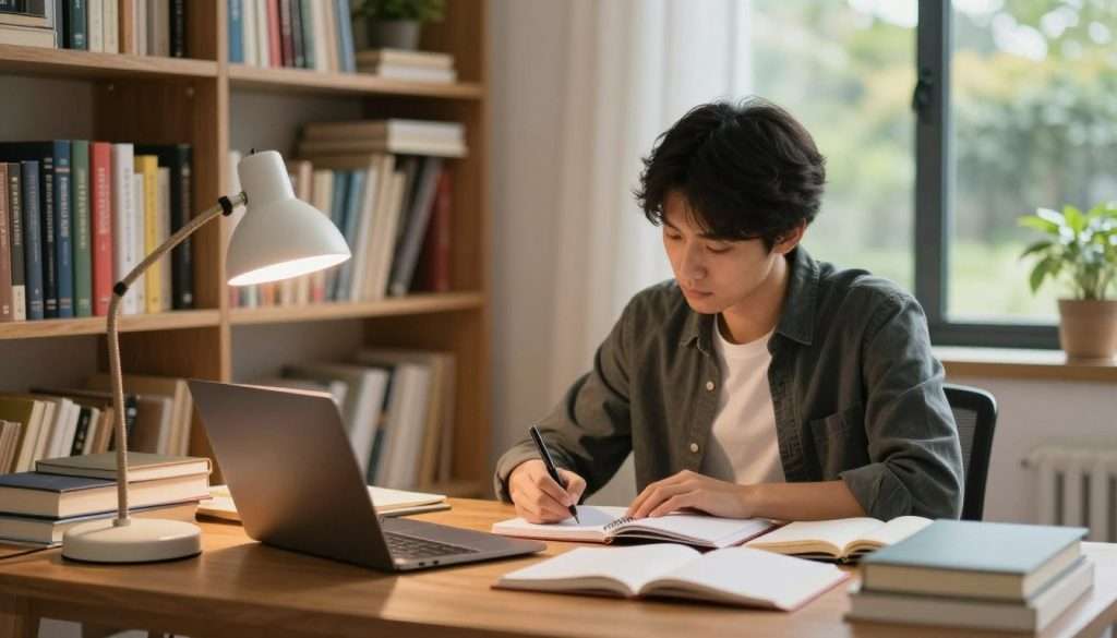 A serene study scene depicting a focused individual seated at a wooden desk, surrounded by an organized array of books, notebooks, and a laptop, symbolizing independent learning. The person, dressed in smart casual attire, is intently writing in a notebook, embodying dedication and purpose. In the foreground, a warm, illuminated desk lamp casts a soft glow, creating a cozy atmosphere. The middle section features a large bookshelf filled with colorful books and educational materials, representing a wealth of knowledge. In the background, a window reveals a sunlit garden, symbolizing growth and inspiration. The image is captured with a shallow depth of field, emphasizing the learner while softly blurring the background, creating a calming and motivational mood.