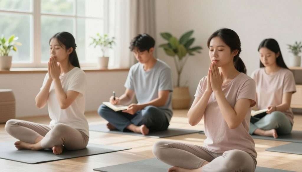 A serene study space featuring a diverse group of students engaged in calming techniques to ground themselves in the present moment. In the foreground, a young woman sits cross-legged on a yoga mat, practicing deep breathing, her expression peaceful. Nearby, a young man writes in a journal, showcasing mindfulness, while a third student gazes out a window, absorbing the natural light. In the middle, soft pastel colors create an inviting atmosphere, with plants and soothing decor enhancing the calm vibe. The background features soft sunlight filtering through a window, casting gentle shadows that evoke tranquility. The overall mood is peaceful and focused, inviting viewers to embrace these calming techniques in their own study routines. A serene study space featuring a diverse group of students engaged in calming techniques to ground themselves in the present moment. In the foreground, a young woman sits cross-legged on a yoga mat, practicing deep breathing, her expression peaceful. Nearby, a young man writes in a journal, showcasing mindfulness, while a third student gazes out a window, absorbing the natural light. In the middle, soft pastel colors create an inviting atmosphere, with plants and soothing decor enhancing the calm vibe. The background features soft sunlight filtering through a window, casting gentle shadows that evoke tranquility. The overall mood is peaceful and focused, inviting viewers to embrace these calming techniques in their own study routines.