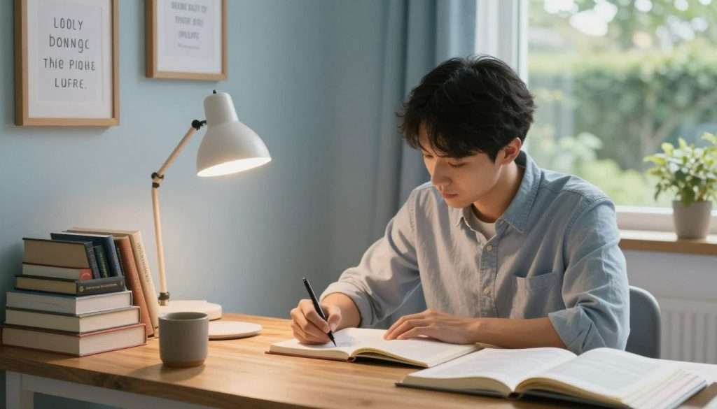 A serene study space featuring a focused individual, sitting at a wooden desk, surrounded by books and study materials, dressed in professional casual attire. In the foreground, the person is scribbling notes with determination, their eyes fixed on an open notebook. The middle ground includes a softly lit desk lamp casting a warm glow, and a few motivational quotes framed on the wall, enhancing the atmosphere of concentration. In the background, a window shows a peaceful garden, with gentle sunlight streaming in, symbolizing clarity and focus. The overall mood is calm and inspiring, with a color palette of soft blues and warm browns, creating an inviting ambiance for studying. The image is captured from a slight angle above the desk, highlighting the subject's engagement with their work while minimizing distractions.