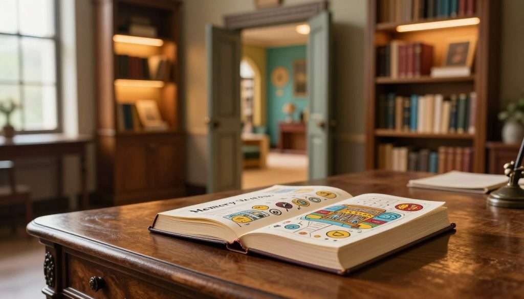 A serene study space featuring a memory palace concept. In the foreground, a large, ornate wooden desk holds a beautifully detailed book titled "Memory Techniques," with colorful, intricate illustrations of memory palaces and symbols of other cognitive strategies like mnemonic devices and visual aids. In the middle, a partially open ancient door leads to a fantastical hallway filled with vibrant, imaginative rooms representing different methods of memory enhancement. The background showcases softly lit shelves filled with books on cognitive science, illuminated with warm golden light. A large window allows natural light to pour in, creating a calm and focused atmosphere. The scene is captured in a soft focus with a slight vignette effect, emphasizing a professional and soothing mood conducive to learning.