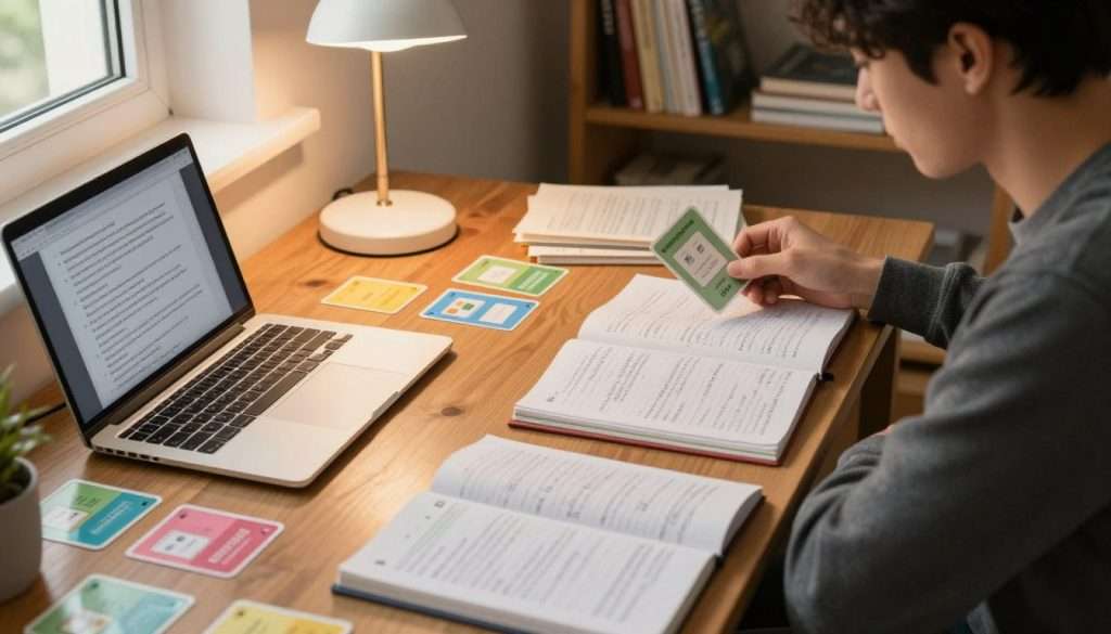 A serene study space featuring a wooden desk strewn with colorful flashcards and neatly organized notes, alongside a laptop displaying practice tests on the screen. In the foreground, an open notebook lies face down, revealing detailed handwritten summaries. The middle layer shows a focused student, dressed in smart casual attire, engaged in reviewing the flashcards against a soft, warm light emanating from a nearby desk lamp. In the background, a bookshelf filled with educational materials suggests a rich academic atmosphere. Soft sunlight filters through a window, casting gentle shadows that enhance the mood of concentration and productivity. The overall atmosphere conveys a sense of calm determination, perfect for illustrating effective interleaving study techniques. A serene study space featuring a wooden desk strewn with colorful flashcards and neatly organized notes, alongside a laptop displaying practice tests on the screen. In the foreground, an open notebook lies face down, revealing detailed handwritten summaries. The middle layer shows a focused student, dressed in smart casual attire, engaged in reviewing the flashcards against a soft, warm light emanating from a nearby desk lamp. In the background, a bookshelf filled with educational materials suggests a rich academic atmosphere. Soft sunlight filters through a window, casting gentle shadows that enhance the mood of concentration and productivity. The overall atmosphere conveys a sense of calm determination, perfect for illustrating effective interleaving study techniques.