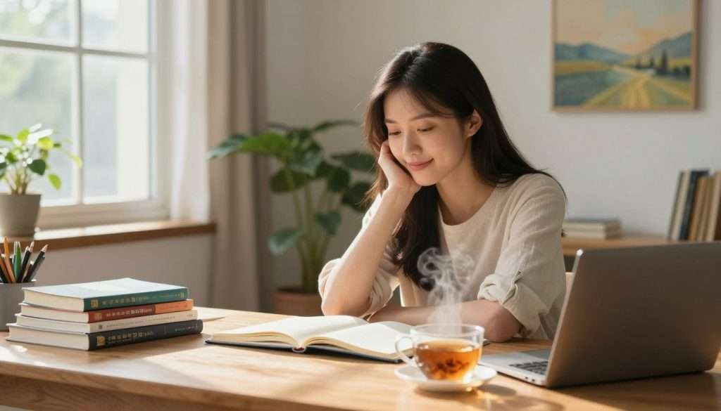 A serene study space, featuring a young woman in modest casual clothing, sitting comfortably at a wooden desk. She is relaxed, with a gentle smile, surrounded by neatly organized study materials—textbooks, notebooks, and a laptop. In the foreground, a steaming cup of herbal tea exudes warmth, symbolizing a stress-free environment. The middle ground showcases soft, natural lighting streaming through a large window, illuminating the room with a cozy, inviting glow. In the background, potted plants add a touch of greenery, while a calming painting hangs on the wall, contributing to the tranquil atmosphere. The overall mood is peaceful and focused, representing effective studying without stress, emphasizing balance between work and self-care. A serene study space, featuring a young woman in modest casual clothing, sitting comfortably at a wooden desk. She is relaxed, with a gentle smile, surrounded by neatly organized study materials—textbooks, notebooks, and a laptop. In the foreground, a steaming cup of herbal tea exudes warmth, symbolizing a stress-free environment. The middle ground showcases soft, natural lighting streaming through a large window, illuminating the room with a cozy, inviting glow. In the background, potted plants add a touch of greenery, while a calming painting hangs on the wall, contributing to the tranquil atmosphere. The overall mood is peaceful and focused, representing effective studying without stress, emphasizing balance between work and self-care.