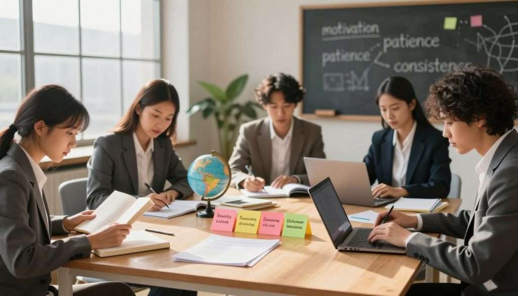 A serene study space illuminated by soft, natural light streaming through a large window. In the foreground, a diverse group of individuals in professional business attire are engaged in various learning activities: one is reading a book, another is writing notes, and a third is using a laptop. In the middle, a table displays motivational quotes written on colorful sticky notes, alongside learning materials like textbooks and a globe. In the background, a chalkboard outlines key concepts such as "motivation," "patience," and "consistency." The atmosphere exudes a sense of focus, inspiration, and collaboration, with warm colors and a cozy interior that encourages a love for learning. The image captures the essence of developing skills to become a better learner. A serene study space illuminated by soft, natural light streaming through a large window. In the foreground, a diverse group of individuals in professional business attire are engaged in various learning activities: one is reading a book, another is writing notes, and a third is using a laptop. In the middle, a table displays motivational quotes written on colorful sticky notes, alongside learning materials like textbooks and a globe. In the background, a chalkboard outlines key concepts such as "motivation," "patience," and "consistency." The atmosphere exudes a sense of focus, inspiration, and collaboration, with warm colors and a cozy interior that encourages a love for learning. The image captures the essence of developing skills to become a better learner.