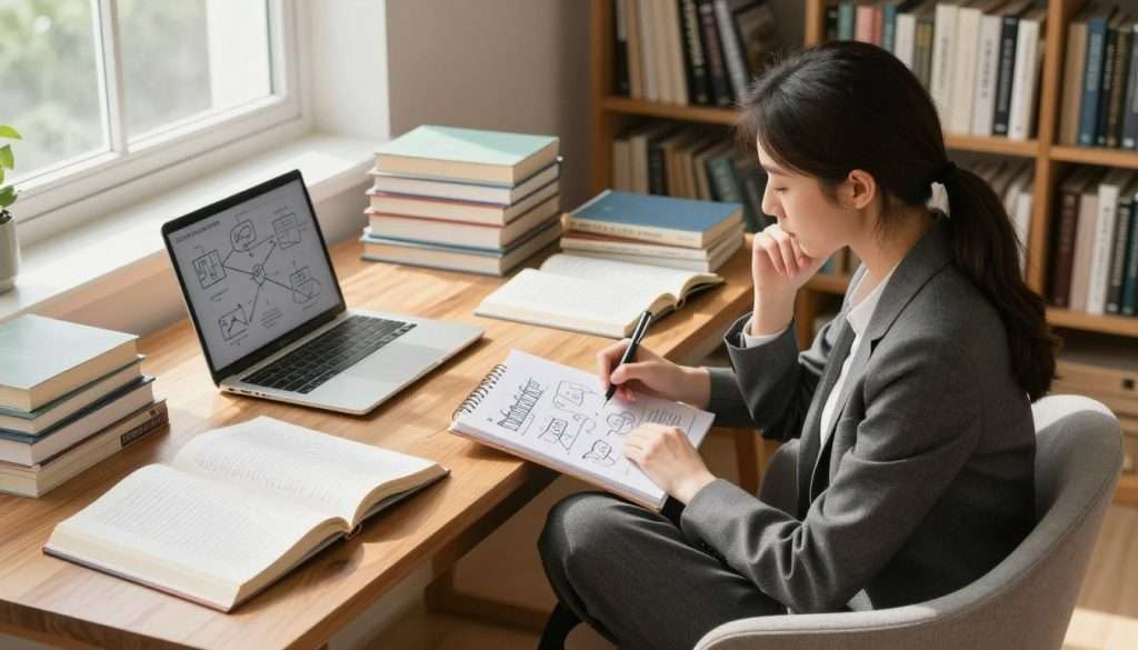 A serene study space showcasing a large wooden desk cluttered with open books and handwritten notes, illustrating the concept of first principles thinking. In the foreground, a focused young woman in professional business attire sits cross-legged in a cozy chair, deep in thought while sketching ideas on a notepad. The middle ground features stacks of textbooks and a laptop displaying diagrams related to problem-solving. Bright, natural light comes through a nearby window, casting soft shadows and creating an inviting atmosphere. In the background, a bookshelf filled with neatly arranged titles on philosophy and science adds depth. The composition is warm and thought-provoking, emphasizing a balanced and enriching study environment. A serene study space showcasing a large wooden desk cluttered with open books and handwritten notes, illustrating the concept of first principles thinking. In the foreground, a focused young woman in professional business attire sits cross-legged in a cozy chair, deep in thought while sketching ideas on a notepad. The middle ground features stacks of textbooks and a laptop displaying diagrams related to problem-solving. Bright, natural light comes through a nearby window, casting soft shadows and creating an inviting atmosphere. In the background, a bookshelf filled with neatly arranged titles on philosophy and science adds depth. The composition is warm and thought-provoking, emphasizing a balanced and enriching study environment.