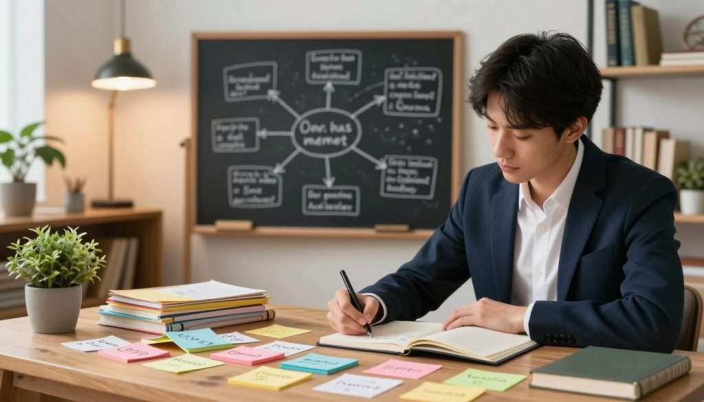 A serene, well-lit study environment featuring a wooden desk piled with colorful notes and flashcards illustrating various mnemonic devices and acronyms. In the foreground, a focused young adult in professional attire, such as a blazer and dress shirt, is jotting down ideas in a notebook, with a thoughtful expression. The middle ground includes a chalkboard filled with visual mind maps and cleverly organized acronyms, surrounded by potted plants adding a touch of nature. The background reveals a cozy bookshelf, warmly lit by a vintage desk lamp, creating an inviting atmosphere. The overall mood is encouraging and intellectually stimulating, emphasizing the power of memory techniques in a visually engaging manner. A serene, well-lit study environment featuring a wooden desk piled with colorful notes and flashcards illustrating various mnemonic devices and acronyms. In the foreground, a focused young adult in professional attire, such as a blazer and dress shirt, is jotting down ideas in a notebook, with a thoughtful expression. The middle ground includes a chalkboard filled with visual mind maps and cleverly organized acronyms, surrounded by potted plants adding a touch of nature. The background reveals a cozy bookshelf, warmly lit by a vintage desk lamp, creating an inviting atmosphere. The overall mood is encouraging and intellectually stimulating, emphasizing the power of memory techniques in a visually engaging manner.