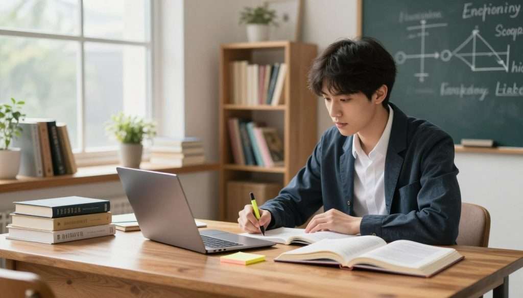A serene, well-organized study space filled with soft, natural light streaming through a large window. In the foreground, a polished wooden desk features open textbooks, colorful sticky notes, and a sleek laptop. An attentive student, dressed in smart casual attire, is seated, deeply focused on their studies, with a highlighter in hand. The middle ground includes shelves lined with books on cognitive psychology and study techniques, along with a small plant for a touch of greenery. In the background, a chalkboard displays diagrams and notes about effective study habits. The mood is calm and productive, highlighting a sense of purpose and efficiency in learning. The scene is captured with a shallow depth of field, giving a warm, inviting atmosphere that emphasizes concentration and organization.