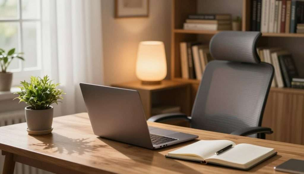 A serene, well-organized workspace designed for optimal focus. In the foreground, a wooden desk is neatly arranged with a laptop, an open notebook, and a stylish desk plant, casting subtle shadows. The middle ground features a comfortable ergonomic chair, a soft glowing lamp providing warm light, and a window with soft curtains letting in natural light. In the background, shelves filled with books and inspirational quotes create an inviting atmosphere. The scene is illuminated by a gentle light, creating a calming, focused mood. The overall composition should evoke a sense of tranquility and productivity, ideal for anyone seeking to enhance their concentration. The angle is slightly elevated, capturing depth and layout, emphasizing an environment conducive to learning and focus. A serene, well-organized workspace designed for optimal focus. In the foreground, a wooden desk is neatly arranged with a laptop, an open notebook, and a stylish desk plant, casting subtle shadows. The middle ground features a comfortable ergonomic chair, a soft glowing lamp providing warm light, and a window with soft curtains letting in natural light. In the background, shelves filled with books and inspirational quotes create an inviting atmosphere. The scene is illuminated by a gentle light, creating a calming, focused mood. The overall composition should evoke a sense of tranquility and productivity, ideal for anyone seeking to enhance their concentration. The angle is slightly elevated, capturing depth and layout, emphasizing an environment conducive to learning and focus.