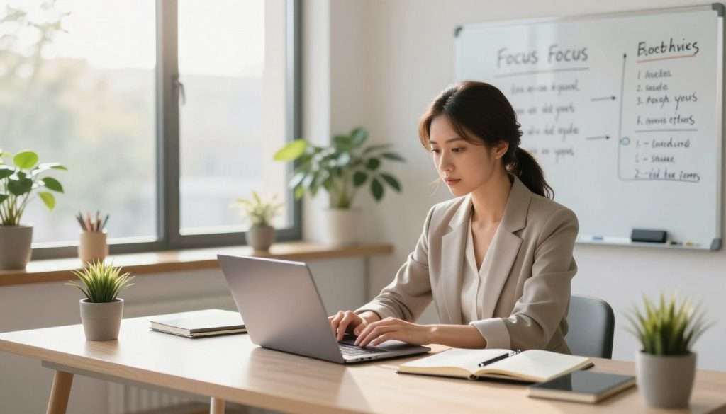 A serene workspace designed for focus techniques, featuring a clean desk with a minimalistic aesthetic. In the foreground, a professional-looking woman in modest business attire is seated, deeply engaged in a focused task, using a sleek laptop and surrounded by notebooks and pens. The middle layer includes a large window letting in soft, natural sunlight, illuminating the room with a warm glow. Potted plants are strategically placed, adding a touch of nature to the scene. In the background, a whiteboard filled with written focus strategies and time management tips. The overall mood is calm and productive, emphasizing concentration in a modern, distraction-free environment, captured with a slight depth of field to enhance the focus on the subject. A serene workspace designed for focus techniques, featuring a clean desk with a minimalistic aesthetic. In the foreground, a professional-looking woman in modest business attire is seated, deeply engaged in a focused task, using a sleek laptop and surrounded by notebooks and pens. The middle layer includes a large window letting in soft, natural sunlight, illuminating the room with a warm glow. Potted plants are strategically placed, adding a touch of nature to the scene. In the background, a whiteboard filled with written focus strategies and time management tips. The overall mood is calm and productive, emphasizing concentration in a modern, distraction-free environment, captured with a slight depth of field to enhance the focus on the subject.