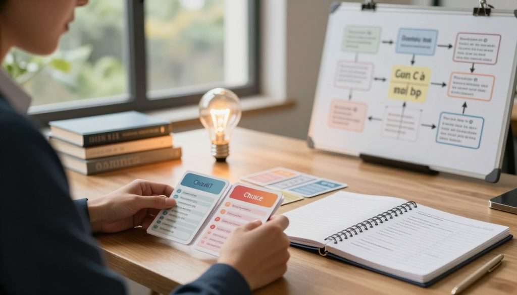 A serene workspace filled with cognitive enhancement tools. In the foreground, a person in professional attire thoughtfully arranging colorful flashcards, representing chunked information. They are seated at a wooden desk surrounded by books, a notepad filled with mnemonic devices, and a brainstorming whiteboard displaying visually grouped concepts. In the middle ground, a glowing light bulb symbolizes inspiration and creativity, casting soft lighting across the desk. The background features a window with a view of a calming nature scene, suggesting clarity of thought and focus. The overall atmosphere is one of productivity and motivation, with warm tones creating an inviting environment. The composition utilizes a shallow depth of field to keep the focus on the workspace elements while the background remains softly blurred. A serene workspace filled with cognitive enhancement tools. In the foreground, a person in professional attire thoughtfully arranging colorful flashcards, representing chunked information. They are seated at a wooden desk surrounded by books, a notepad filled with mnemonic devices, and a brainstorming whiteboard displaying visually grouped concepts. In the middle ground, a glowing light bulb symbolizes inspiration and creativity, casting soft lighting across the desk. The background features a window with a view of a calming nature scene, suggesting clarity of thought and focus. The overall atmosphere is one of productivity and motivation, with warm tones creating an inviting environment. The composition utilizes a shallow depth of field to keep the focus on the workspace elements while the background remains softly blurred.
