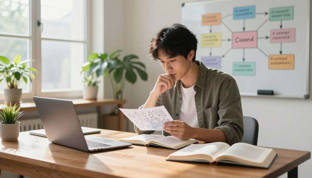 A serene workspace filled with inspiring elements that promote clear thinking and decision-making. In the foreground, a polished wooden desk supports a few open books and a sleek laptop, casting soft shadows. In the middle, a thoughtful individual in smart casual attire, focusing deeply on a notebook with diagrams and mind maps, symbolizes the act of deepening knowledge. The background features a large window with soft, natural light streaming in, illuminating green plants on a shelf that evoke a calm and refreshing atmosphere. A large whiteboard on the wall displays colorful flowcharts and key concepts, enhancing the theme of systematic thinking. The overall mood is one of clarity, concentration, and inspiration, suggesting a productive and inviting space for intellectual growth. A serene workspace filled with inspiring elements that promote clear thinking and decision-making. In the foreground, a polished wooden desk supports a few open books and a sleek laptop, casting soft shadows. In the middle, a thoughtful individual in smart casual attire, focusing deeply on a notebook with diagrams and mind maps, symbolizes the act of deepening knowledge. The background features a large window with soft, natural light streaming in, illuminating green plants on a shelf that evoke a calm and refreshing atmosphere. A large whiteboard on the wall displays colorful flowcharts and key concepts, enhancing the theme of systematic thinking. The overall mood is one of clarity, concentration, and inspiration, suggesting a productive and inviting space for intellectual growth.