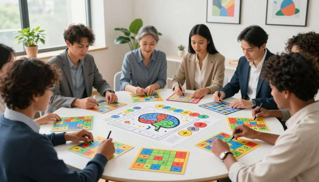 A serene workspace filled with vibrant colors illustrating mental agility and memory exercises. In the foreground, a diverse group of adults, dressed in professional business attire, engage in challenging brain exercises—solving puzzles, playing memory games, and interacting with colorful mind mapping tools. In the middle ground, a round table is scattered with brain teasers and colorful charts highlighting cognitive skills. The background features a bright, well-lit modern office with motivational artwork on the walls and greenery peeking through a window, suggesting a fresh and inspiring environment. Soft, natural lighting creates a warm atmosphere that encourages focus and productivity, enhancing the feeling of intellectual engagement and growth. A serene workspace filled with vibrant colors illustrating mental agility and memory exercises. In the foreground, a diverse group of adults, dressed in professional business attire, engage in challenging brain exercises—solving puzzles, playing memory games, and interacting with colorful mind mapping tools. In the middle ground, a round table is scattered with brain teasers and colorful charts highlighting cognitive skills. The background features a bright, well-lit modern office with motivational artwork on the walls and greenery peeking through a window, suggesting a fresh and inspiring environment. Soft, natural lighting creates a warm atmosphere that encourages focus and productivity, enhancing the feeling of intellectual engagement and growth.